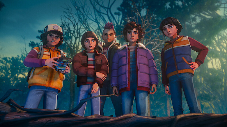 Dustin, Will, Nikki, Eleven, and Mike do some digging in Stranger Things: Tales From '85
