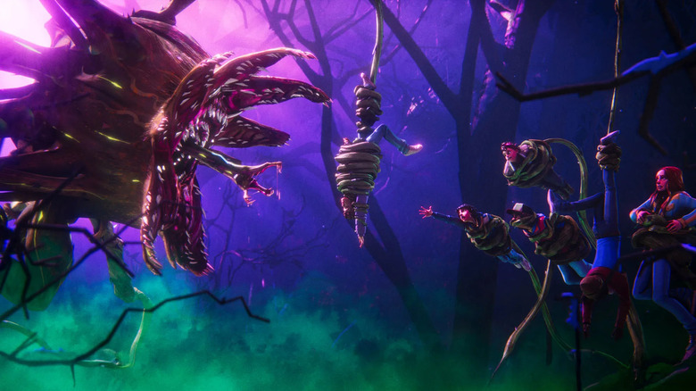 Eleven is looking like a snack for a plant creature while the gang is tied up in Stranger Things: Tales From '85