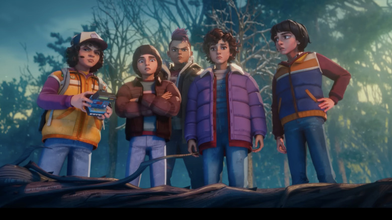 Dustin, Will, Eleven, and Mike gathered together in Stranger Things: Tales From '85