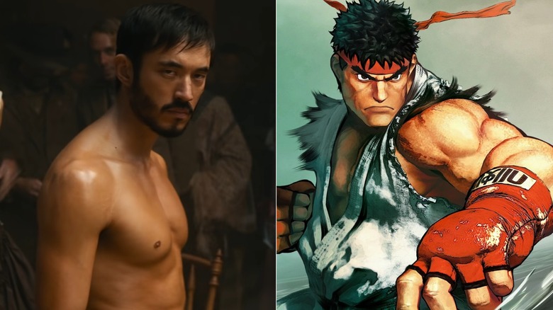 Andrew Koji as Ah Sahm, staring down an opponent in Warrior, next to an image of Ryu from Street Fighter