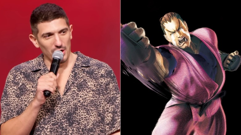 Andrew Schulz performs on stage, next to an image of Dan Hibiki from Street Fighter