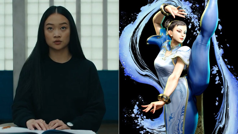 Callina Liang as Lynn sitting at a desk in Bad Genius, next to an image of Chun-Li from Street Fighter