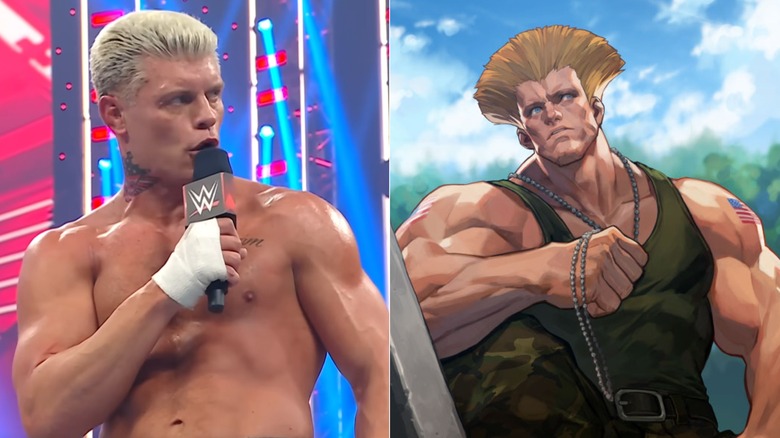 Cody Rhodes speaking at Wrestlmania, next to an image of Guile from Street Fighter