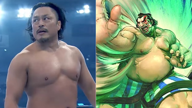 Hirooki Goto in a wrestling match, next to an image of E. Honda from Street Fighter