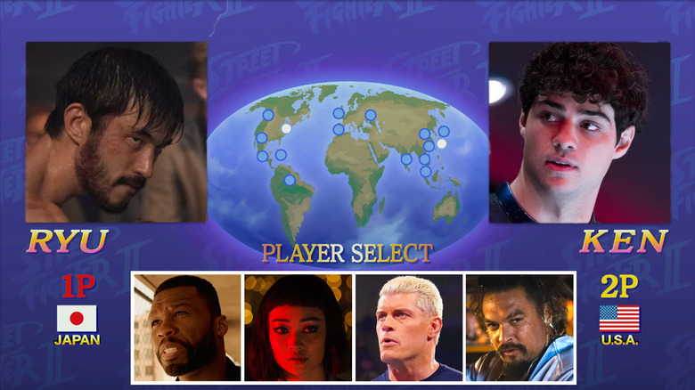 Images of Andrew Koji, Noah Centineo, Curtis 50 Cent Jackson, Callina Liang, Cody Rhodes, and Jason Momoa on a Street Fighter player select screen