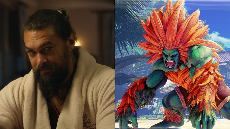 Jason Mamoa as Arthur Curry wearing a bathrobe in Aquaman and the Lost Kingdom, next to an image of Blanka from Street Fighter