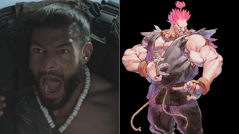 Roman Reigns as Mateo Hobbs, throwing someone over his head in Hobbs and Shaw, next to an image of Akuma from Street Fighter