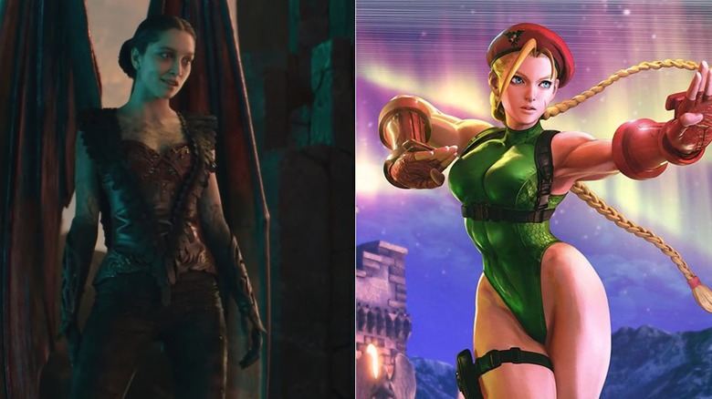 Mel Jarnson as Nitara in Mortal Kombat, next to an image of Cammy in Street Fighter