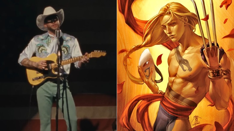 Orville Peck performs in a music video, next to an image of Vega from Street Fighter