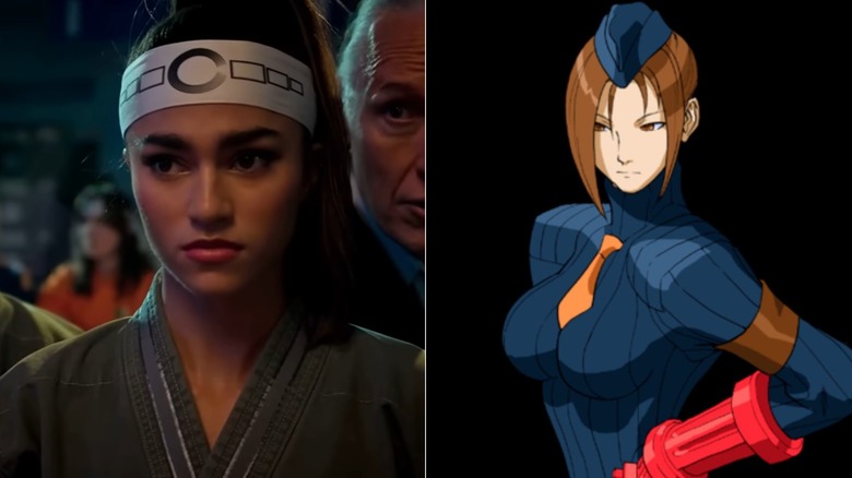 Rayna Vallandingham as Zara on Cobra Kai, next to an image of Juli from Street Fighter