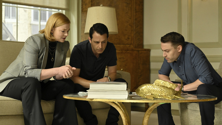 Shiv, Kendall, and Roman on a conference call in Succession