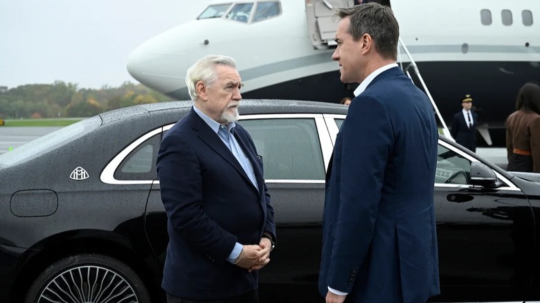 Brian Cox as Logan Roy and Matthew Macfadyen as Tom Wambsgans in Succession season 4 episode 3