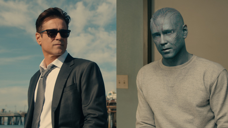 An image of Colin Farrell as John Sugar in human form next to an image of him in his alien form in Sugar