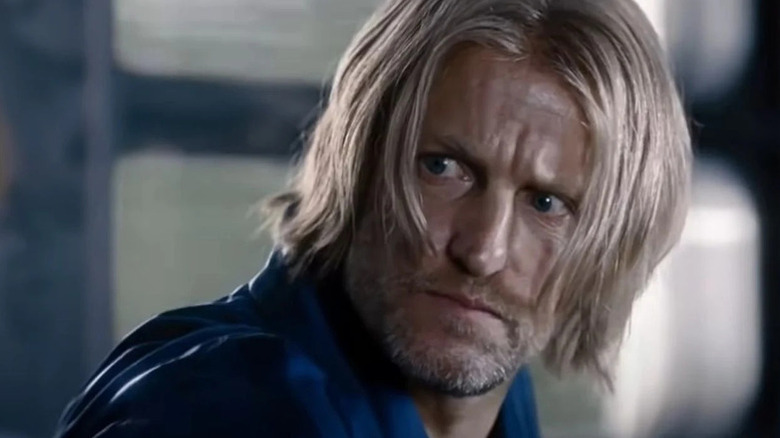 Haymitch looking to the side and alarmed in The Hunger Games