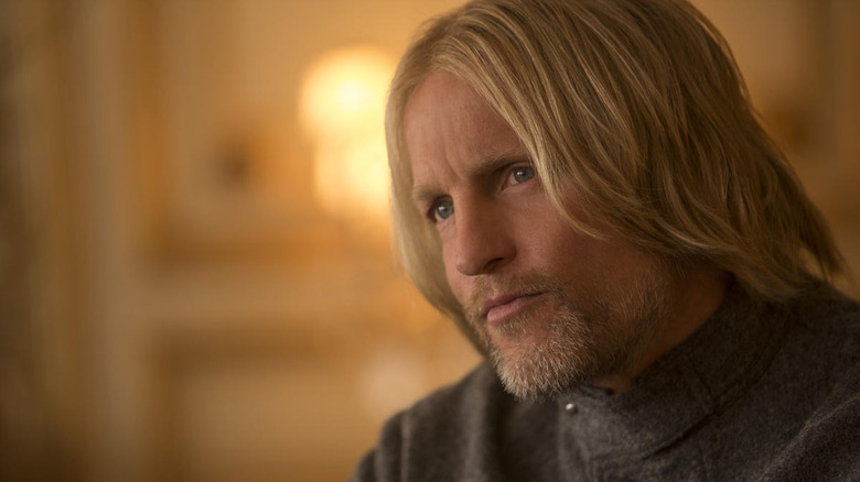 Haymitch looking thoughtful in the Hunger Games movies