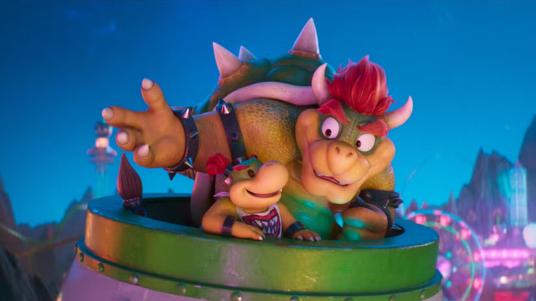 Bower and Bowser Jr. flying in a clown car in The Super Mario Galaxy Movie