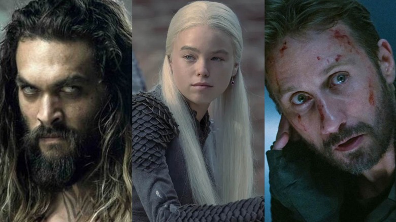 Jason Momoa, Milly Alcock and Matthias Schoenaerts side by side