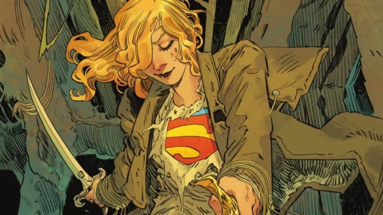Kara in bar fight, holding two swords in a torn brown coat with her Supergirl costume under it, in Supergirl: Woman of Tomorrow