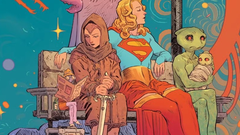 Supergirl: Woman of Tomorrow #2 cover - Ruthye and Supergirl sitting on a seat next to a green skinned alien