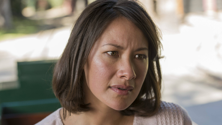 Peta Sergeant as Julia looks concerned on Snowfall.