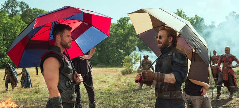 Avengers: Infinity War Set Photo - Thor and Cap with Umbrellas