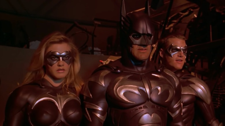 George Clooney's Batman flanked by Alicia Silverstone's Batgirl and Chris O'Donnell's Robin