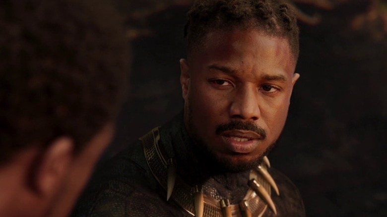 Killmonger speaking sternly to T'Challa in Black Panther