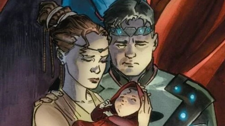 Jor-El and Lara Lor-Van hold a baby Kal-El