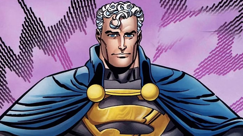 Hyperman poses in front of a purple background