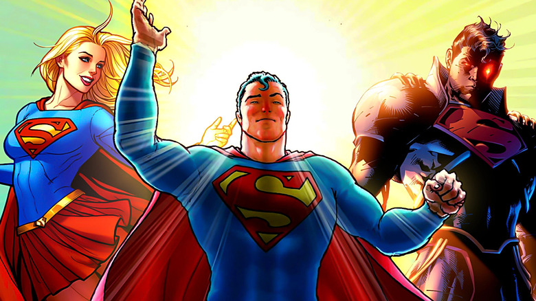 Supergirl, Superman, and Superboy Prime bathed in sunlight