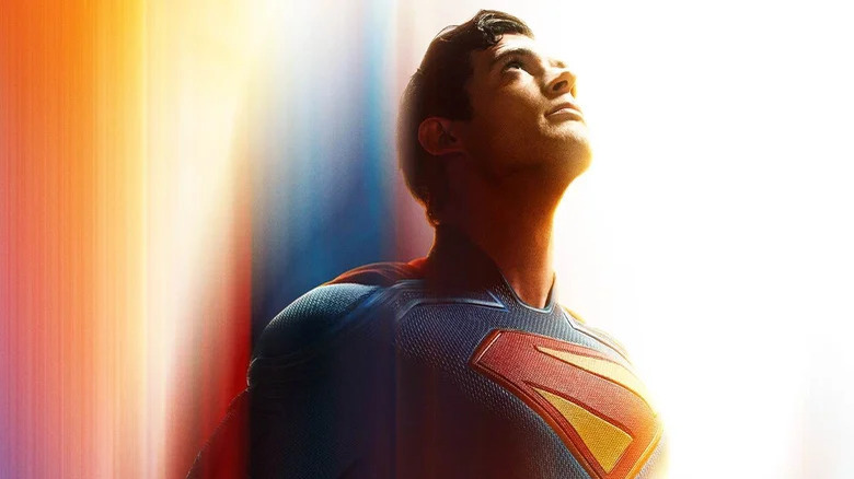 David Corenswet as Superman flying upward in the Superman (2025) poster