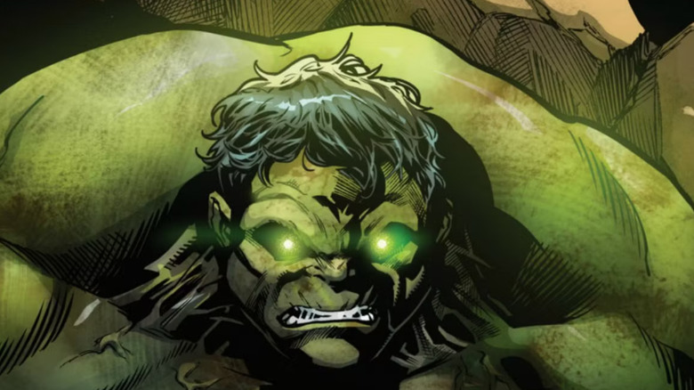 Angry Hulk with glowing green eyes