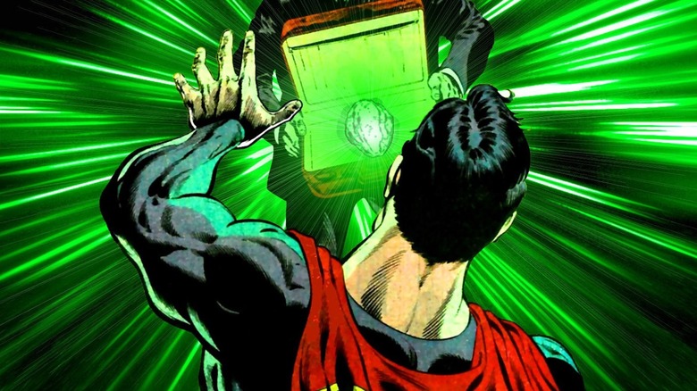 Superman recoiling from case full of Green Kryptonite