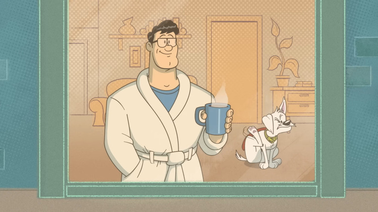 Clark looking out the window while Krypto scratches himself in the back in Krypto Saves the Day