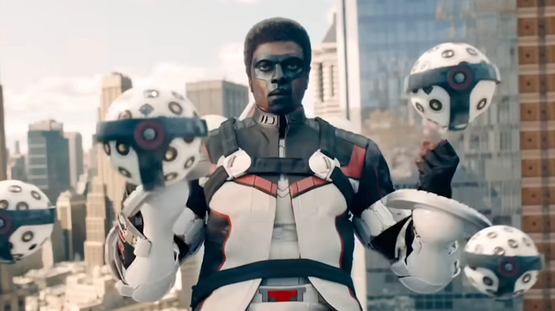 Edi Gathegi's Mister Terrific flies over Metropolis, surrounded by T-spheres, in Superman.
