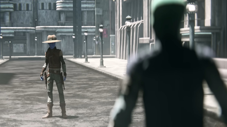 Cad Bane facing down the marshal in Star Wars: Tales of the Underworld