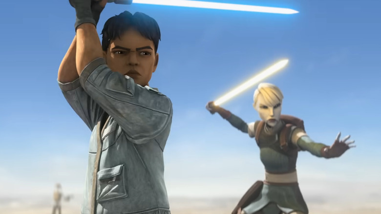 Ventress and a young Jedi preparing to fight with lightsabers drawn in Star Wars: Tales of the Underworld