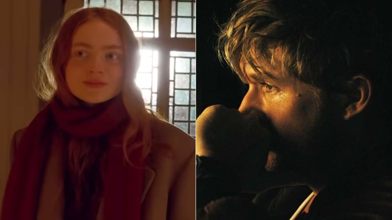 Sadie Sink as Her smiling wearing a red scarf in the All Too Well short film; Ryan Gosling as Colt crying in the car in The Fall Guy