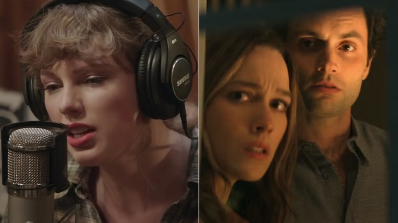 Taylor Swift singing into a mic in The Long Pond Studio Sessions film; Victoria Pedretti and Penn Badgley as Love and Joe looking out a window in You