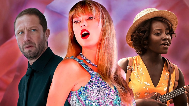 Taylor Swift singing and flanked by Ebon Moss-Bachrach as Richie on The Bear and Lupita Nyong'o as Miss Caroline in Little Monsters