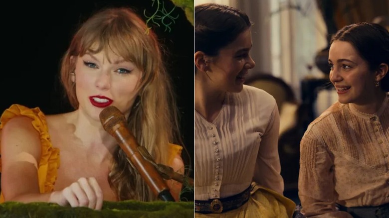 Taylor Swift at a mossy piano during the Eras Tour Movie; Hailee Steinfeld and Ella Hunt as Emily and Sue looking at each other in Dickinson