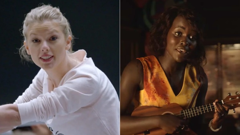 Taylor Swift stretching in the Shake It Off video; Lupita Nyong'o as Audrey playing ukelele in a bloody dress in Little Monsters