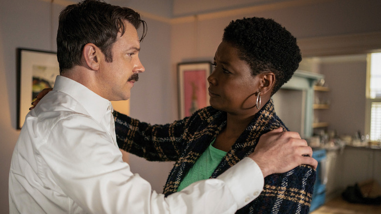 A disheveled Ted hugs Sharon Fieldstone in Ted Lasso Season 2