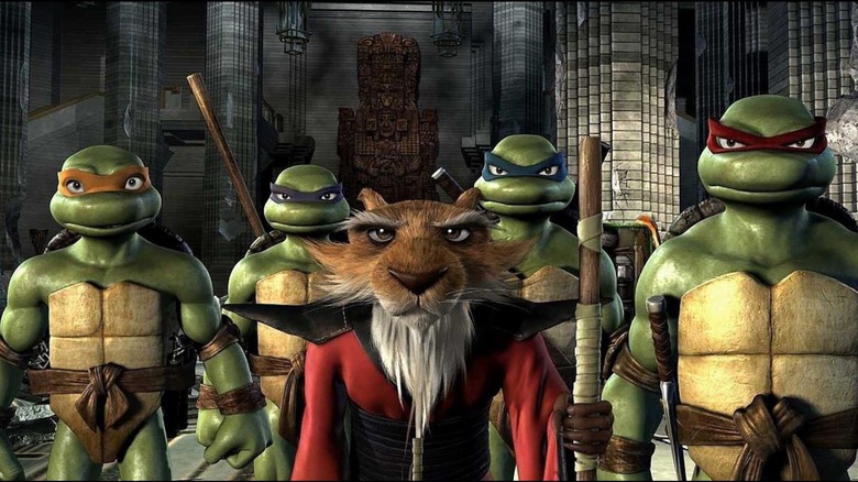 The Ninja Turtles and Splinter stand in a line