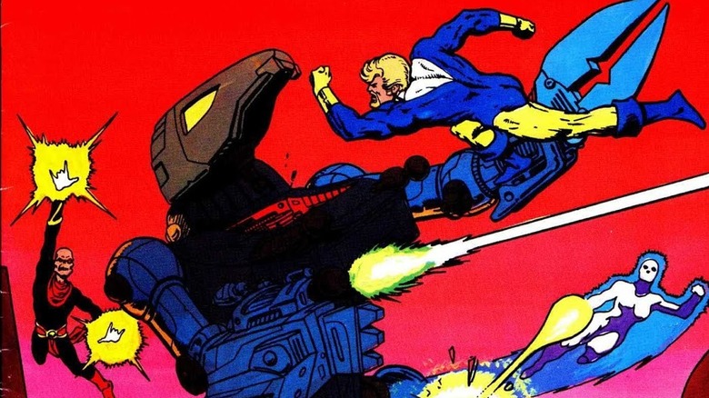డ్రెడ్‌స్టార్ కామిక్ కవర్, అక్కడ అతను ఒక పెద్ద రోబోట్‌ను పంచ్ చేస్తున్నాడు