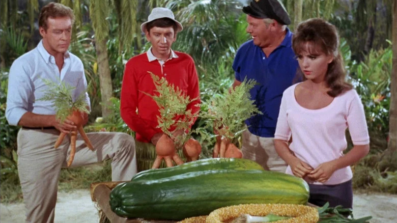 Russell Johnson as the Professor, Bob Denver as Gilligan, Alan Hale Jr. as Skipper, and Dawn Wells as Mary Ann looking at strange vegetables on Gilligan's Island