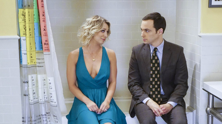 Penny and Sheldon in the bathroom looking at each other on The Big Bang Theory