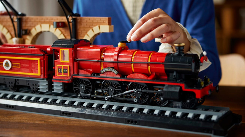 LEGO Harry Potter Minifigures posed in front of the Collectors Edition Hogwarts Express set
