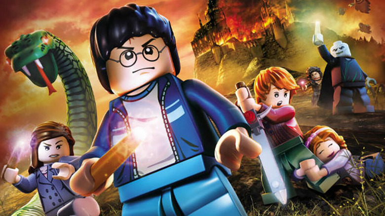 LEGO Harry Potter stands before Hermione, Ron, Lavender Brown, and Voldemort