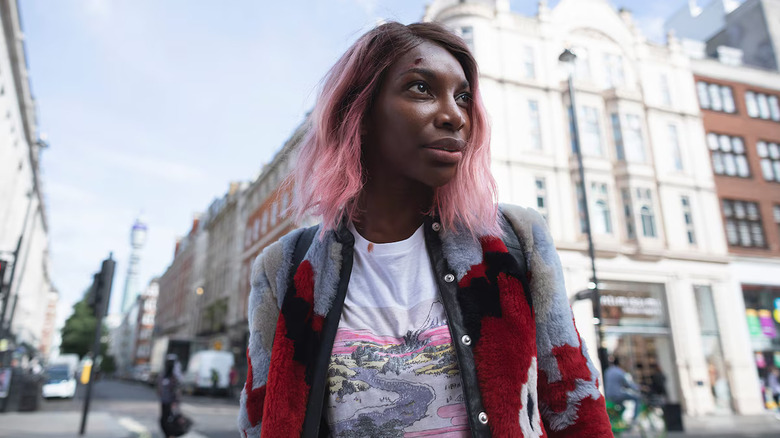 Michaela Coel looking into the distance bewildered as Arabella in I May Destroy You